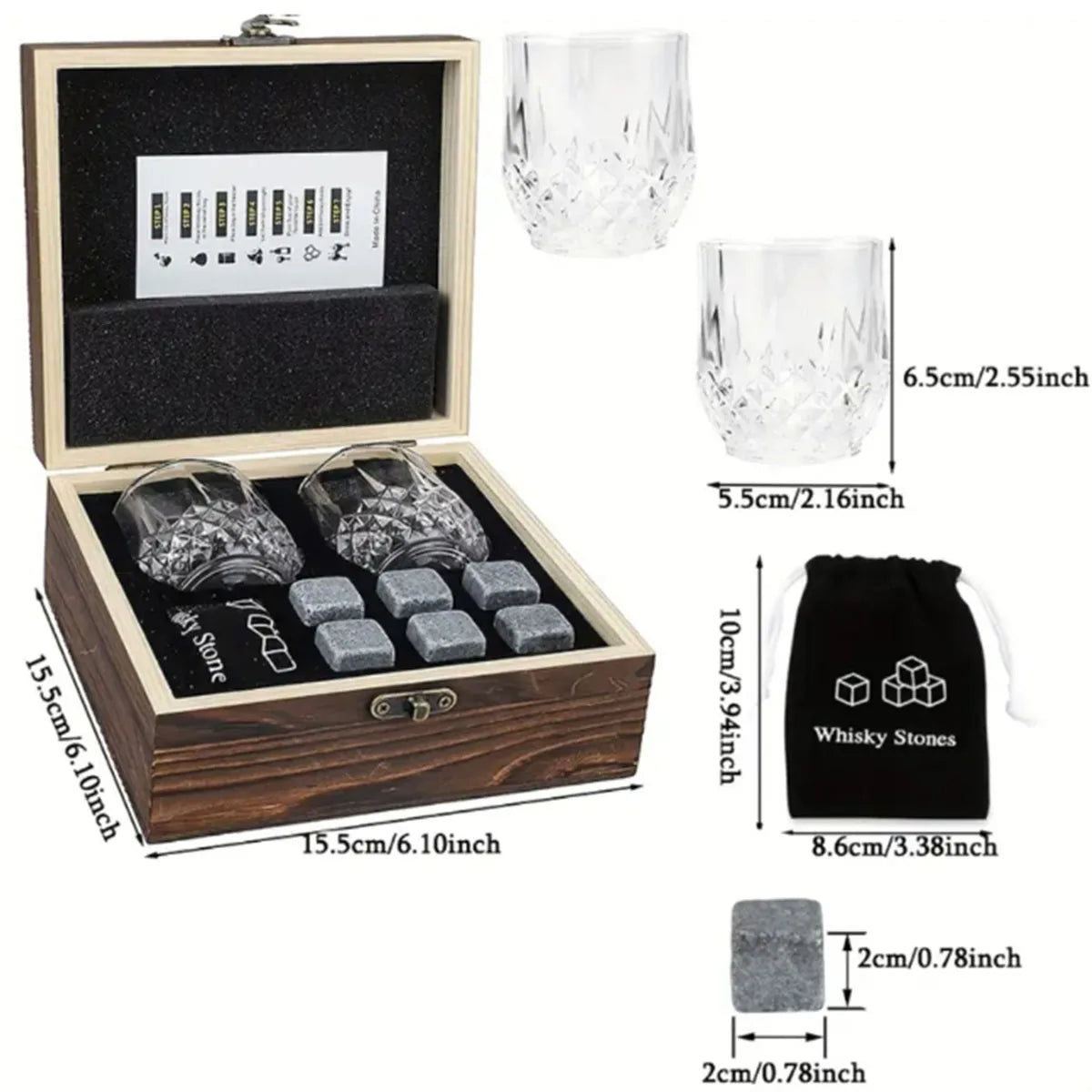 Whiskey Stones Glasses Set Granite Ice Cube Wooden Bottle Box Present For Dad Husband/Christmas or Valentine's Gift