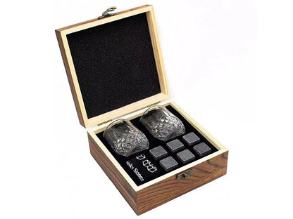 Whiskey Stones Glasses Set Granite Ice Cube Wooden Bottle Box Present For Dad Husband/Christmas or Valentine's Gift