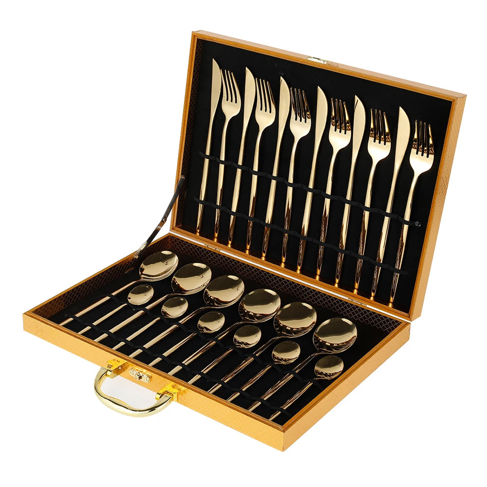 Steel Cutlery Set Mirror Silverware Knife Fork Spoon Tableware Flatware Set 24Pcs Dinnerware Set Stainless