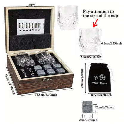 Whiskey Stones Glasses Set Granite Ice Cube Wooden Bottle Box Present For Dad Husband/Christmas or Valentine's Gift