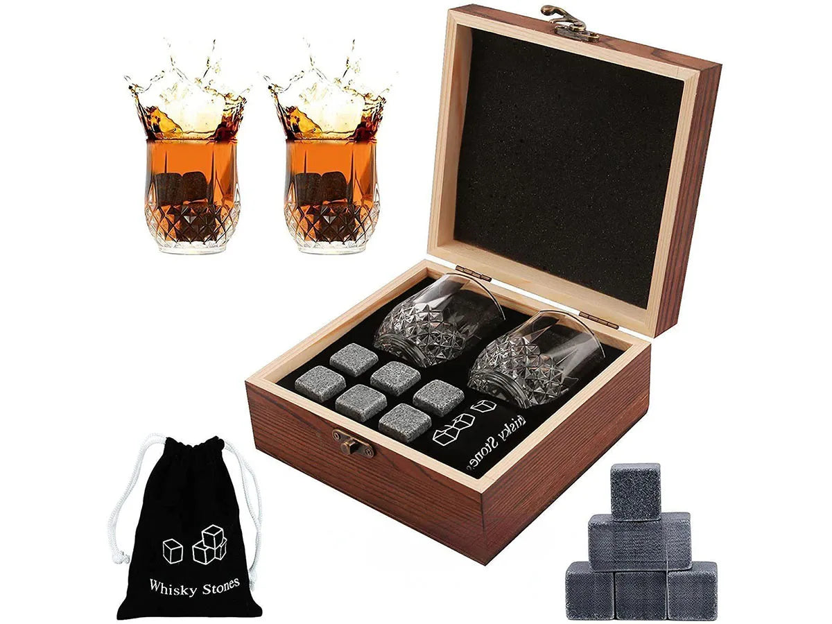 Whiskey Stones Glasses Set Granite Ice Cube Wooden Bottle Box Present For Dad Husband/Christmas or Valentine's Gift