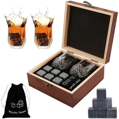 Whiskey Stones Glasses Set Granite Ice Cube Wooden Bottle Box Present For Dad Husband/Christmas or Valentine's Gift