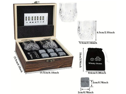 Whiskey Stones Glasses Set Granite Ice Cube Wooden Bottle Box Present For Dad Husband/Christmas or Valentine's Gift